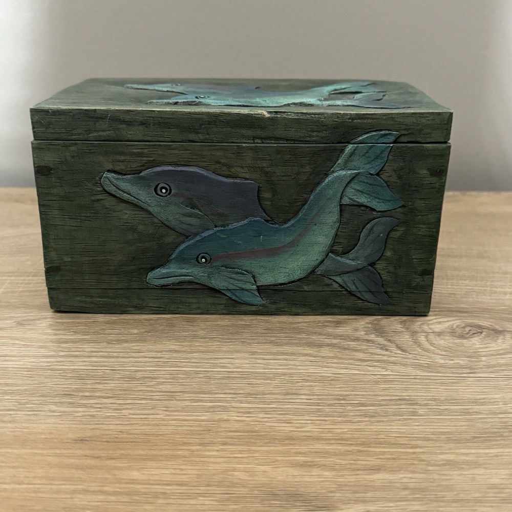 Dolphin Trinket Box Wood Carving‎ Jewelry Chest Ocean Coastal Nautical Beach